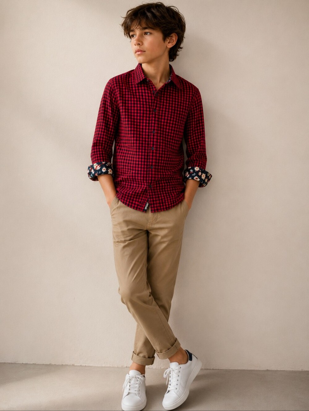 Cactus Boys Red Navy Gingham Plaid Shirt Floral Trim Roll Tab NWT Size 11-12